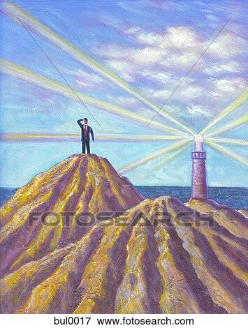 A businessman standing on a peak and looking into the distance, with a lighthouse on another peak View Large Illustration Stock Illustration - A businessman standing on a peak and looking into the distance, with a lighthouse on another peak. Fotosearch