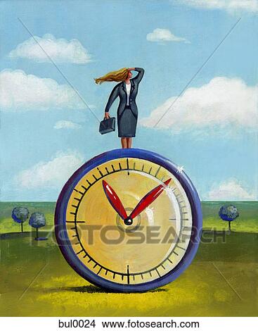 Stock Illustration - A businesswoman standing on top of a clock. Fotosearch