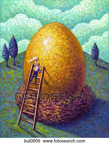 Stock Illustration - A man cleaning a giant golden egg. Fotosearch