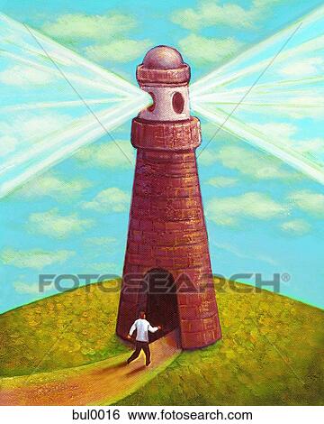 Stock Illustration - A man entering a lighthouse. Fotosearch