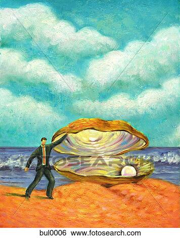 A man looking at a pearl in a huge oyster shell View Large Illustration Stock Illustration - A man looking at a pearl in a huge oyster shell. Fotosearch