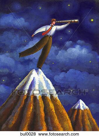 Stock Illustration - A man on a mountain top looking through his telescope. Fotosearch