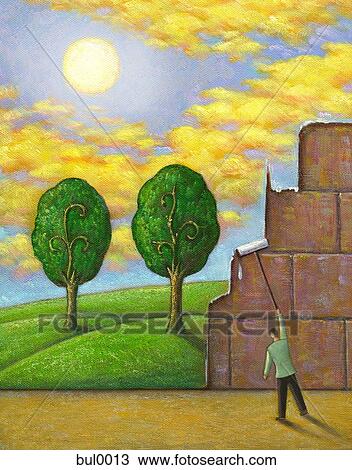 Drawing - A man painting the sky on a wall. Fotosearch