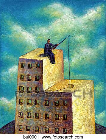 A man sitting on top of a building with a fishing rod View Large Illustration Clip Art - A man sitting on top of a building with a fishing rod. Fotosearch