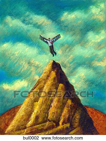 A man with wings flying from a mountain peak View Large Illustration Drawing - A man with wings flying from a mountain peak. Fotosearch