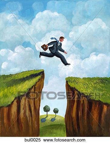 Stock Illustration - A picture of a businessman running across two cliffs. Fotosearch