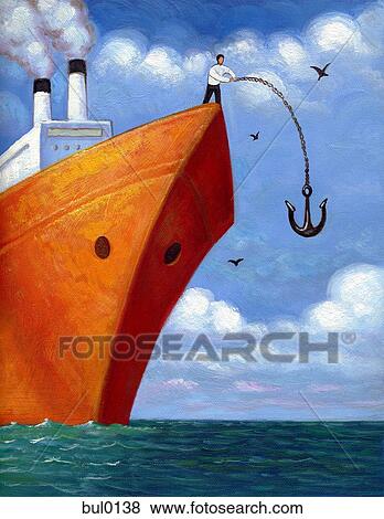 An illustration of a man on a large boat throwing an anchor in the water View Large Illustration Stock Illustration - An illustration of a man on a large boat throwing an anchor in the water. Fotosearch