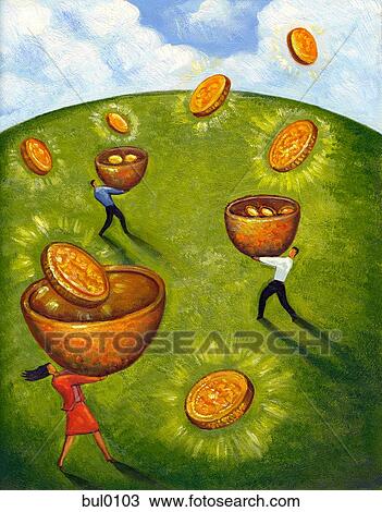 Drawing - An illustration of three people catching gold coins in baskets. Fotosearch