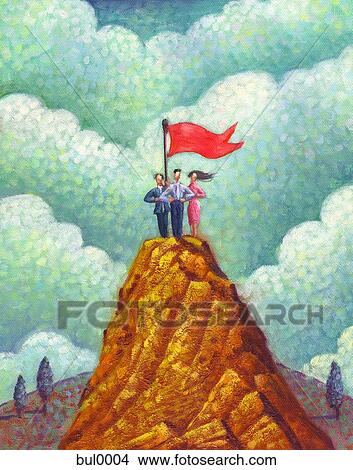 Stock Illustration - Three people and a flag on the peak of a mountain. Fotosearch