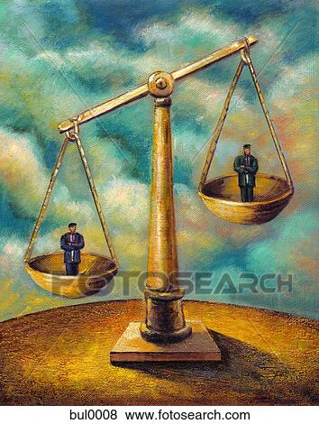 Stock Illustration - Two men standing on weighing scales. Fotosearch