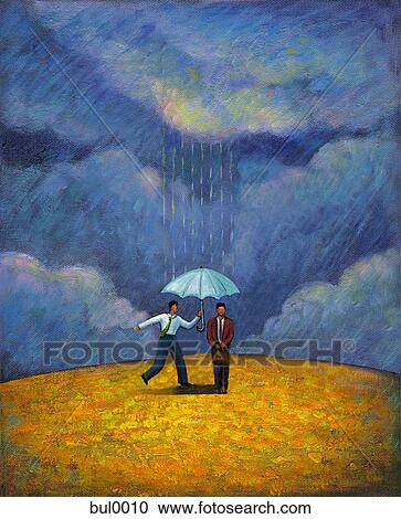 Clipart - Two men standing under an umbrella during a rain storm. Fotosearch