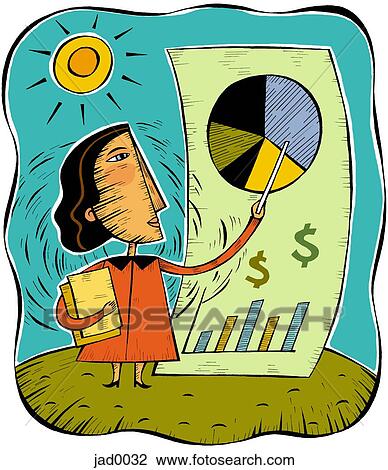An illustration of a woman pointing to a pie chart View Large Illustration Drawing - An illustration of a woman pointing to a pie chart. Fotosearch