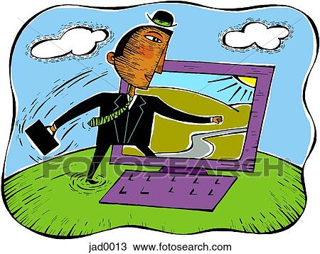 Man walking into his computer View Large Illustration Drawing - Man walking into his computer. Fotosearch