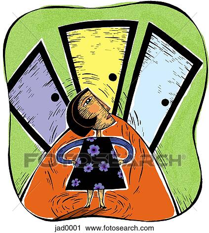Clip Art - Woman deciding which door to go through. Fotosearch