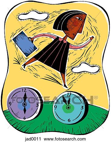 Clip Art - Woman leaping between time clocks. Fotosearch
