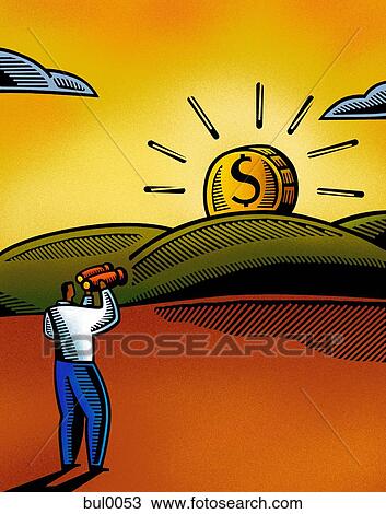 Drawing - A man looking at a dollar sunset through his binoculars. Fotosearch