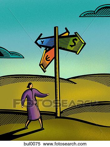 Stock Illustration - A woman confused at different currency signs. Fotosearch