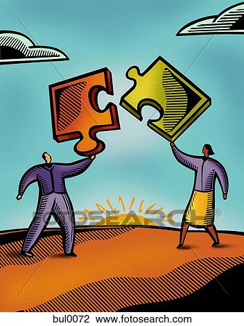 Two people putting puzzle pieces together View Large Illustration Drawing - Two people putting puzzle pieces together. Fotosearch