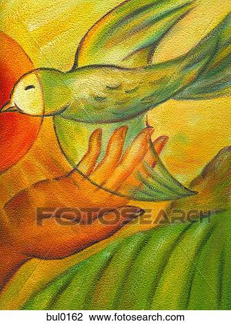 An illustration of a hand holding a dove View Large Illustration Drawing - An illustration of a hand holding a dove. Fotosearch