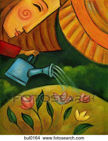 An illustration of a woman watering flowers View Large Illustration Stock Illustration - An illustration of a woman watering flowers. Fotosearch