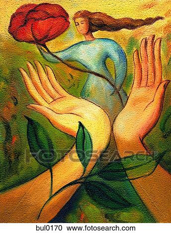 Clipart - An illustration of mother nature standing near a pair of hands that are holding a rose. Fotosearch