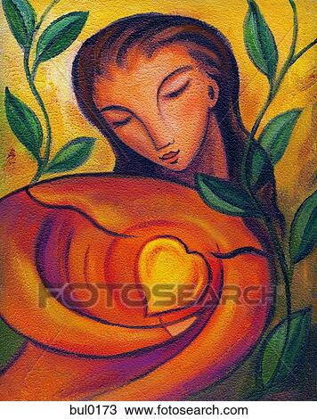 Drawing - Illustration of a woman holding her heart. Fotosearch