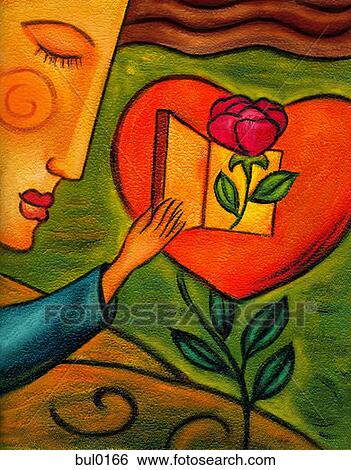 Stock Illustration - Woman opening the door to a heart that has a rose coming out of it. Fotosearch