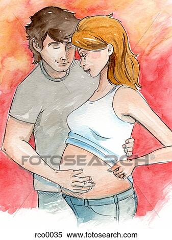 A husband touching his wife's pregnant belly View Large Illustration Stock Illustration - A husband touching his wife's pregnant belly. Fotosearch