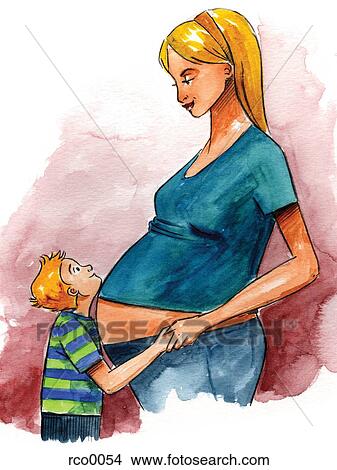 Stock Illustration - A little boy hugging his mother's pregnant belly. Fotosearch
