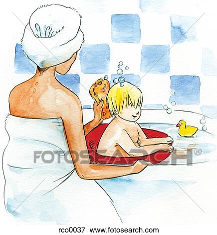 Stock Illustration - A mother bathing her son in the bathtub. Fotosearch