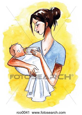 Clip Art - A mother bottle feeding her infant. Fotosearch