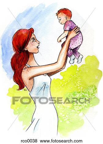 Stock Illustration - A mother holding her baby up in the air. Fotosearch