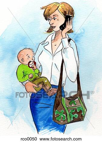 A mother holding her baby while talking on her cell phone Clipart