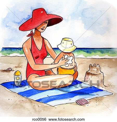Stock Illustration - A mother putting sunscreen on her baby while at the beach. Fotosearch