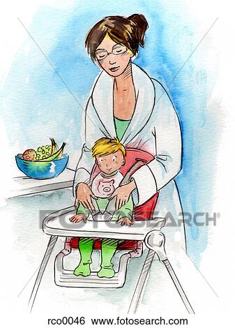 A mother seating her baby in a high chair View Large Illustration Stock Illustration - A mother seating her baby in a high chair. Fotosearch