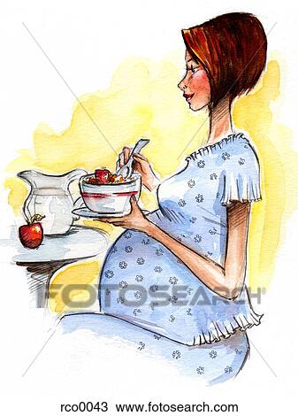 Drawing - A pregnant woman eating cereal. Fotosearch