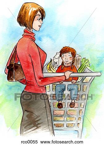 Stock Illustration - A toddler sitting in a shopping cart while her mother grocery shops. Fotosearch