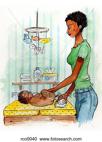 A woman changing her baby's diaper Clipart | rco0040 | Fotosearch
