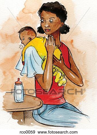 Stock Illustration - A woman holding her baby and burping him. Fotosearch