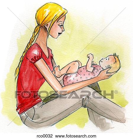 Drawing - A woman holding her infant child. Fotosearch