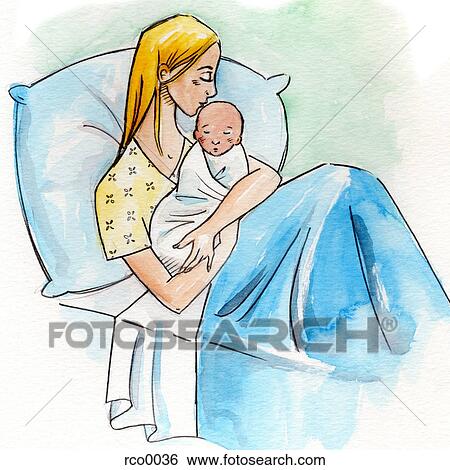 A woman in a hospital bed holding her newborn baby View Large Illustration Stock Illustration - A woman in a hospital bed holding her newborn baby. Fotosearch