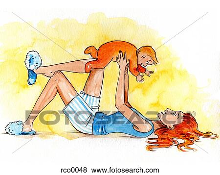 Stock Illustration - A woman lying down and holding her baby up in the air. Fotosearch