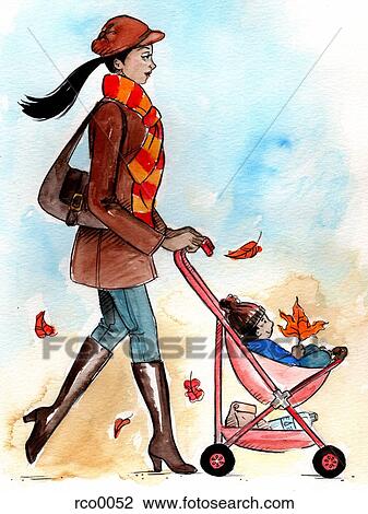 A woman pushing a stroller in autumn View Large Illustration Drawing - A woman pushing a stroller in autumn. Fotosearch
