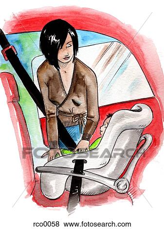 A woman putting her baby into a car seat View Large Illustration Stock Illustration - A woman putting her baby into a car seat. Fotosearch