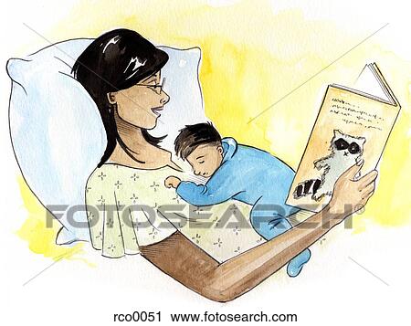 A woman reading a book in bed while her baby sleeps on her View Large Illustration Clip Art - A woman reading a book in bed while her baby sleeps on her. Fotosearch
