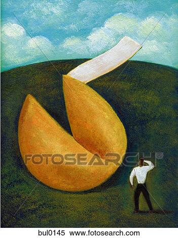 A businessman looking at a giant fortune cookie View Large Illustration Stock Illustration - A businessman looking at a giant fortune cookie. Fotosearch