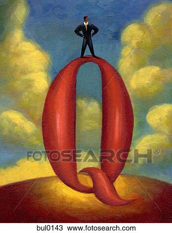 Drawing - A businessman standing on a giant letter Q. Fotosearch