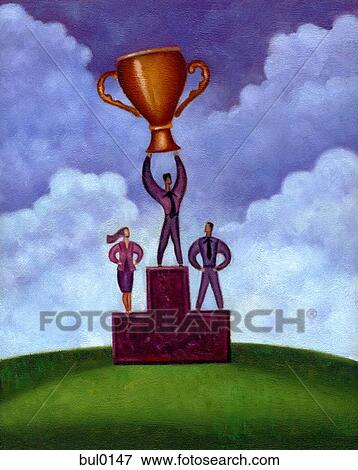 A first place winner standing on a podium while holding a trophy above his head View Large Illustration Stock Illustration - A first place winner standing on a podium while holding a trophy above his head. Fotosearch