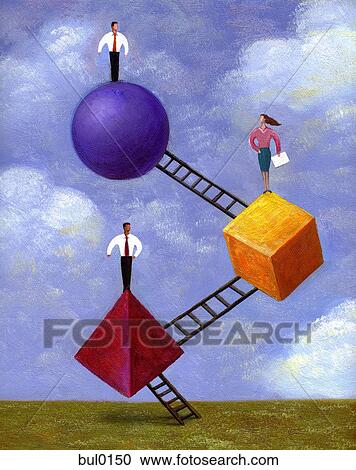 Clipart - An illustration of three people standing on shapes connected to ladders. Fotosearch