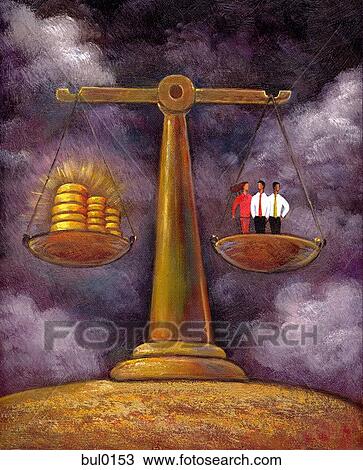 Drawing - An illustration of three people standing on a scale being balanced by money. Fotosearch